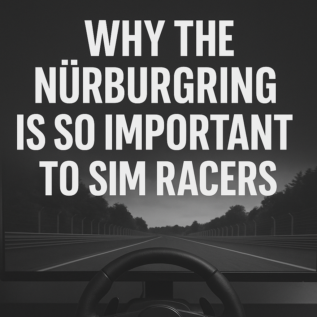 An image of a racing sim wheel and the Nurburgring on the screen