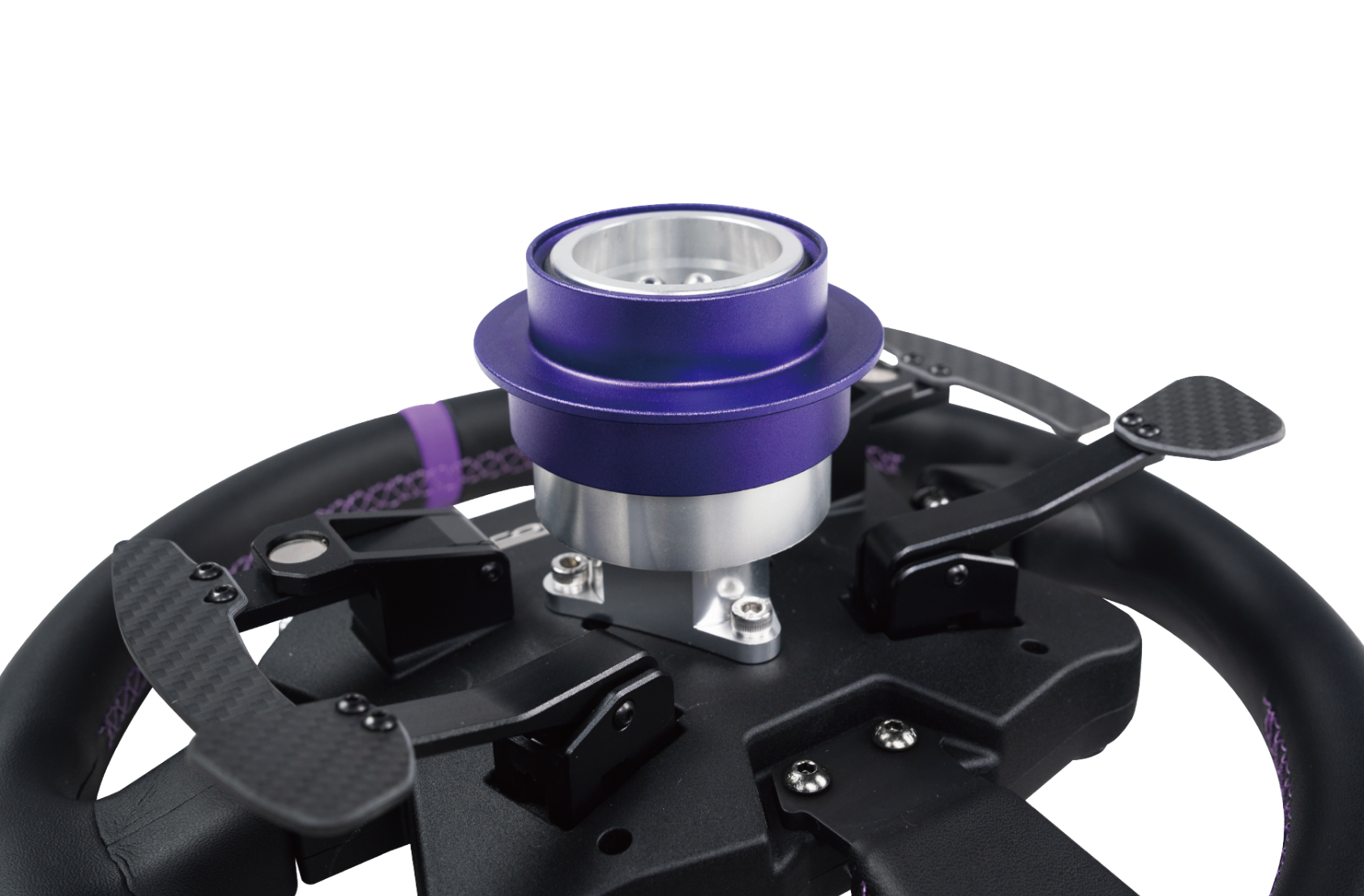 CONSPIT CDR quick release fitted to the back of a sim racing wheel