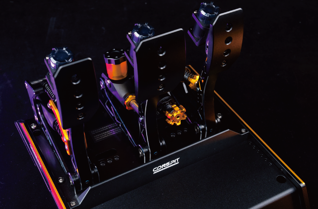 CONSPIT CPP EVO three-pedal set installed in a sim rig