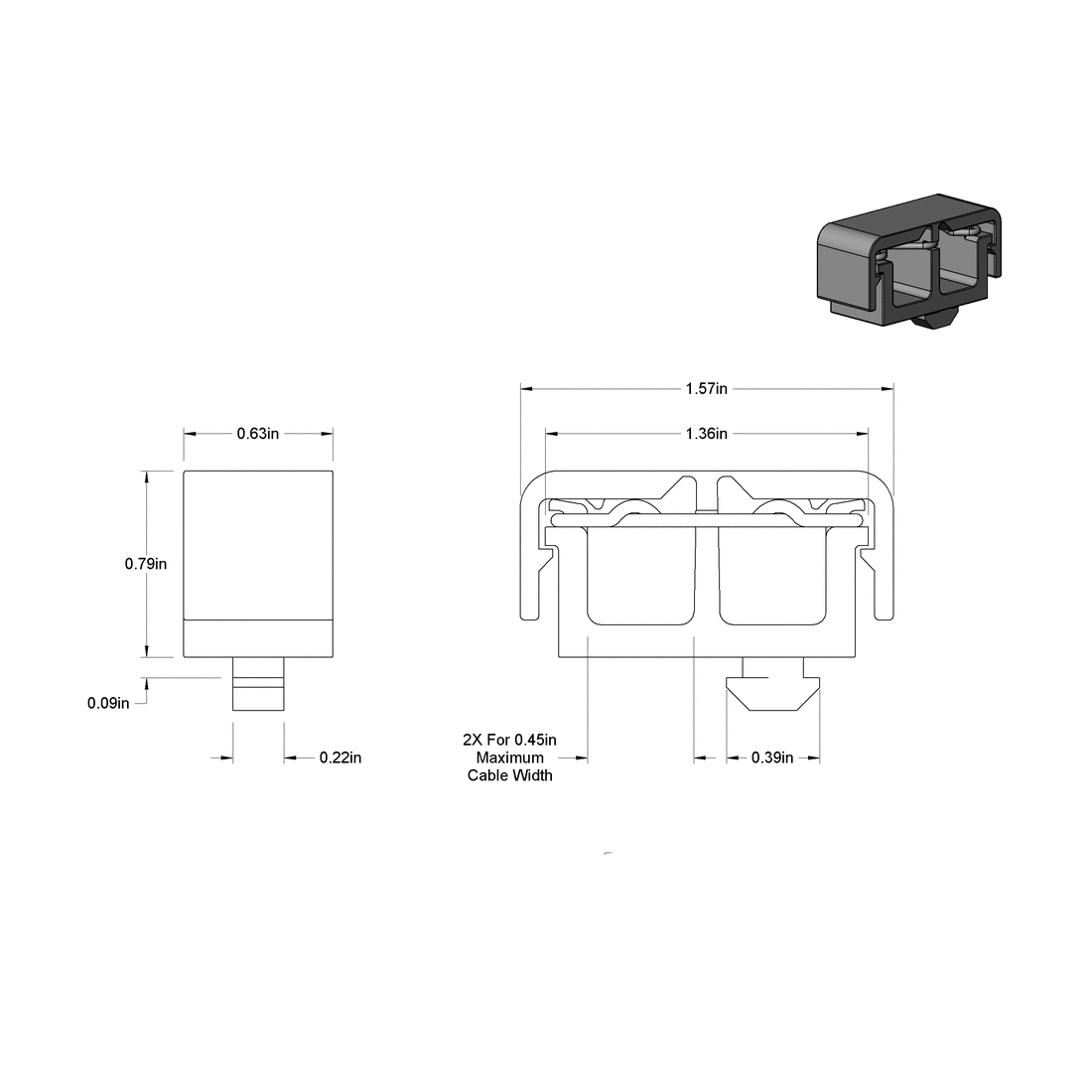 Snap-Close Cable Holder with Two Openings for 1" Rail