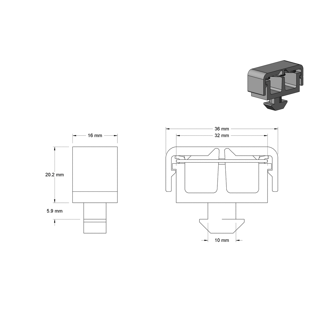 Snap-Close Cable Holder with Two Openings for 45mm Rail