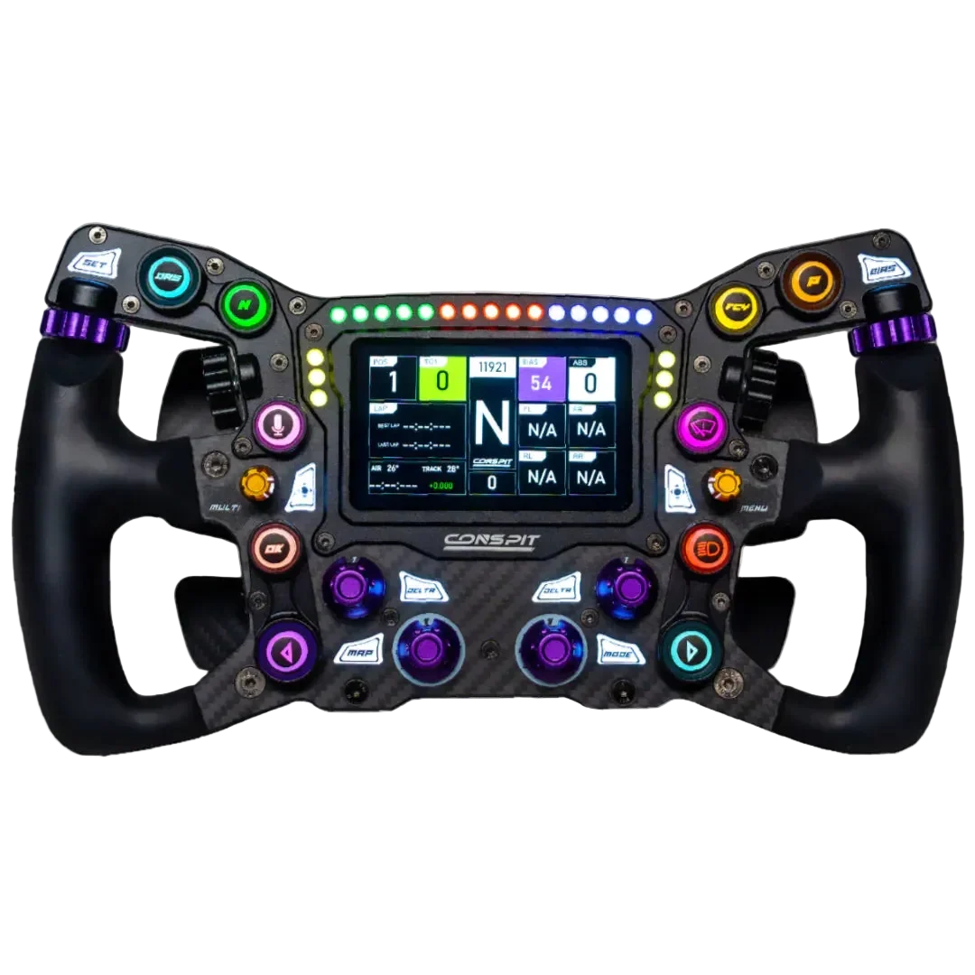 CONSPIT MAX 01 sim racing wheel with 4-inch dashboard, front view