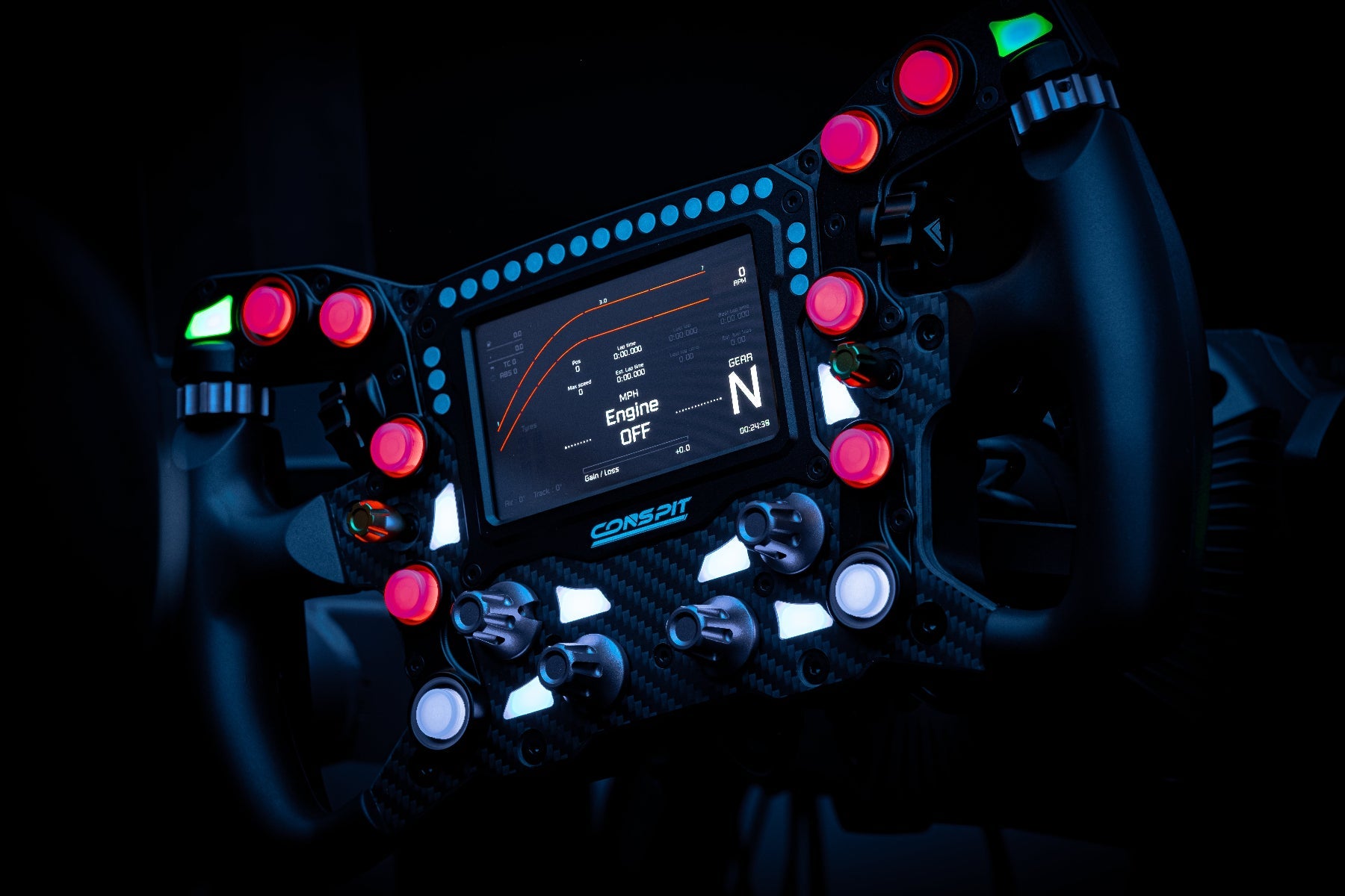 CONSPIT MAX 01 wheel with RGB buttons lit in a dark sim rig