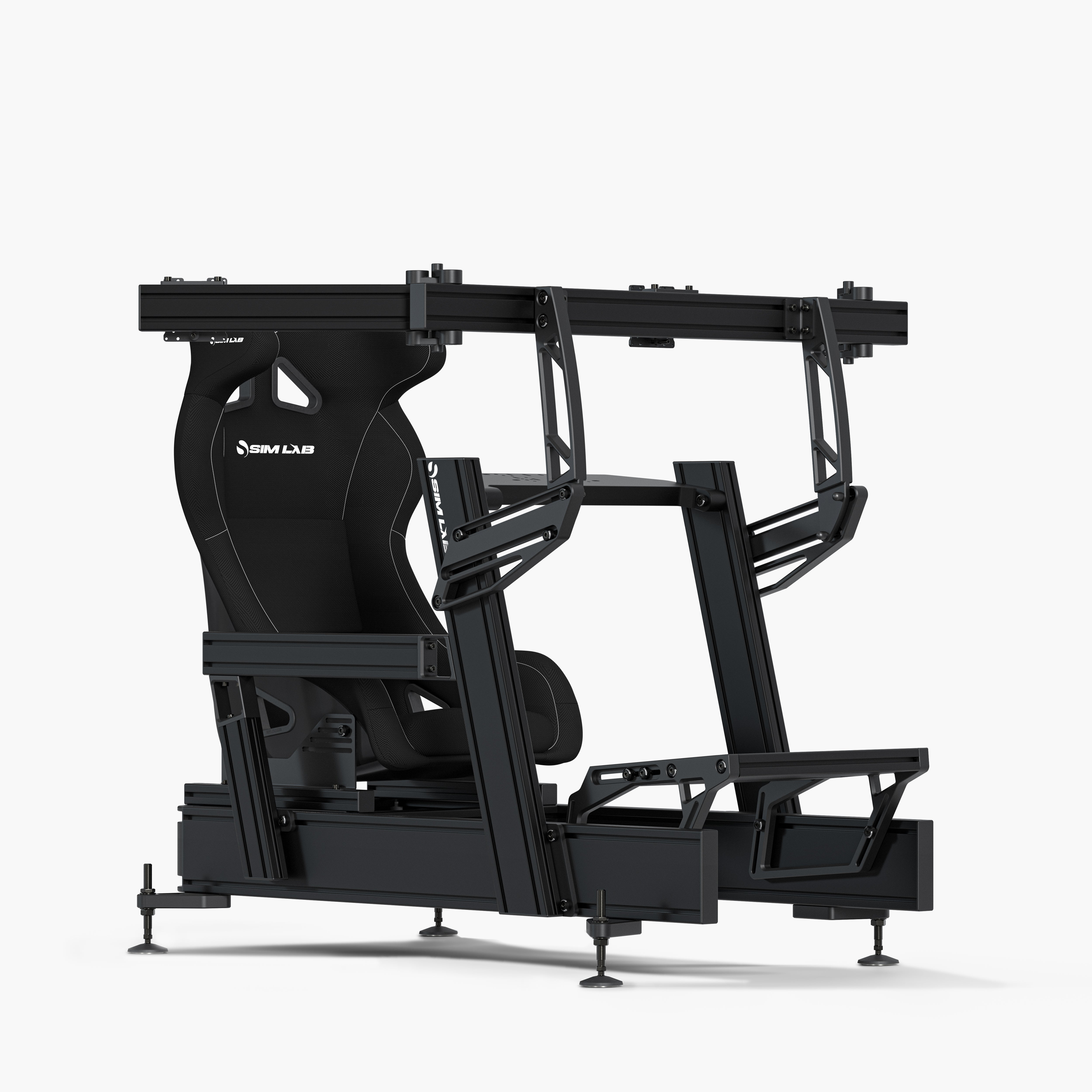 Sim-Lab P1X Pro cockpit with integrated triple monitor mount and bucket seat — VPS Contender turnkey racing simulator