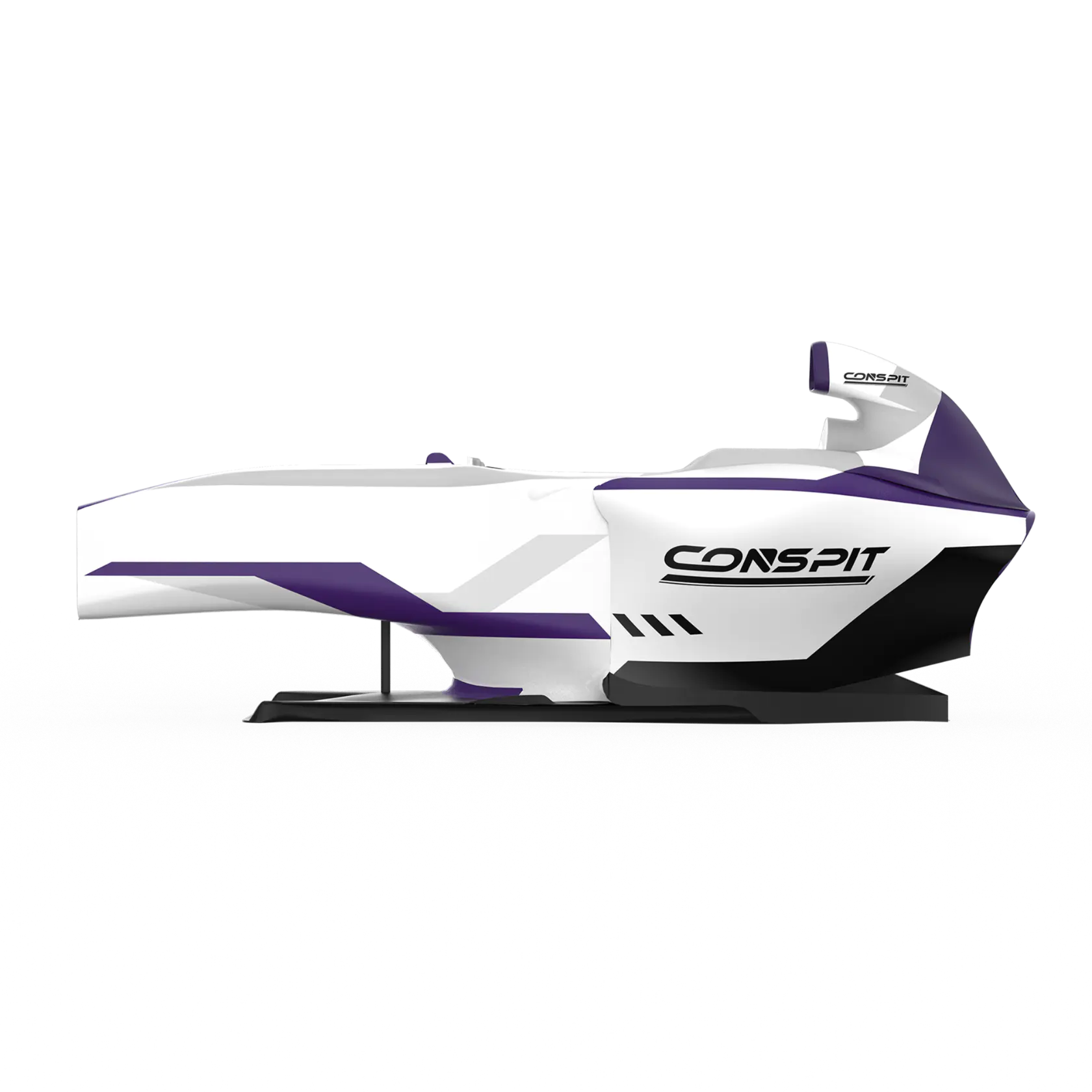 CONSPIT FC-Lite formula sim racing cockpit in white and purple fiberglass, side view