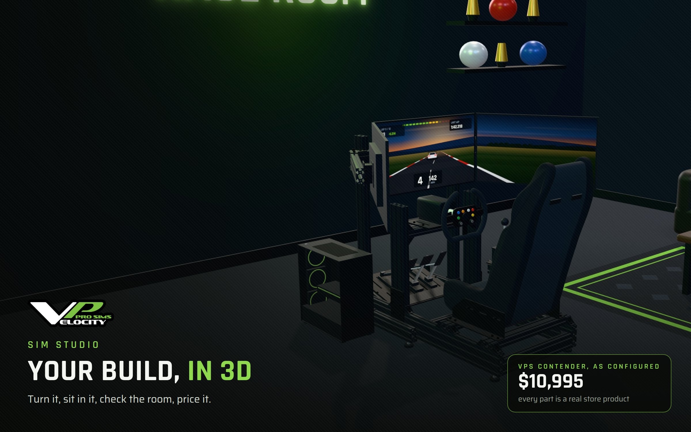 A racing simulator being configured in Sim Studio: cockpit, triple screens and motion, shown in 3D with the price